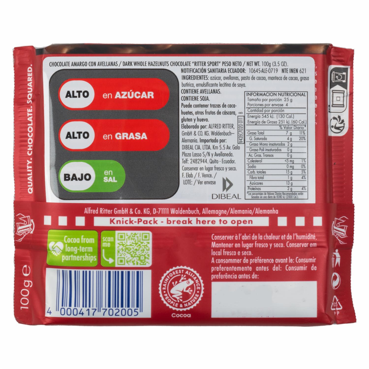 Chocolate Negro Con Avellanas RITTER SPORT 100 G - Image 3
