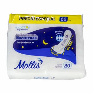 Toalla Higiénica Nocturna Tela Tipo Algodón Flujo Abundante MOLLIS X 20 Uds