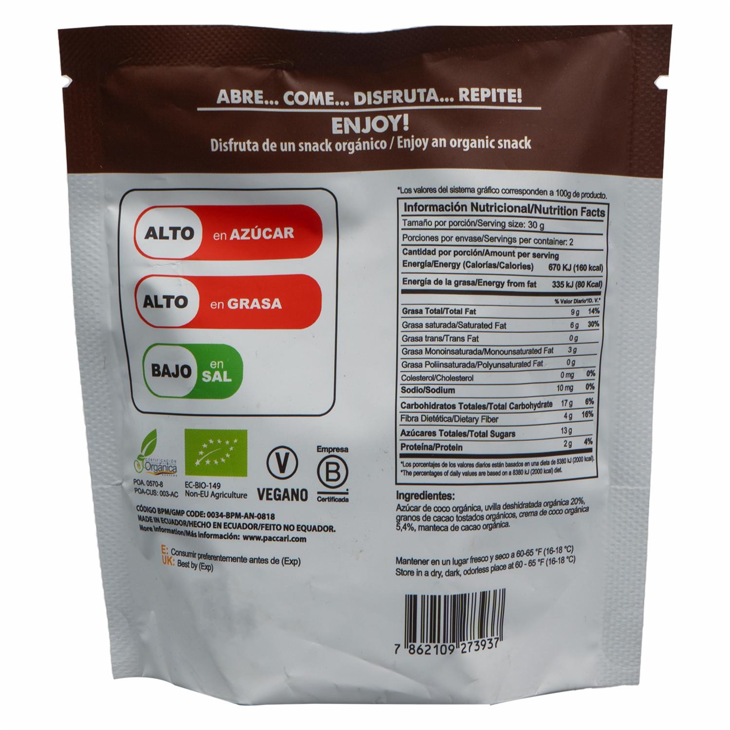 Chocolate Orgánico Uvillas Chocolate Y Crema De Coco PACCARI 60 G - Image 3