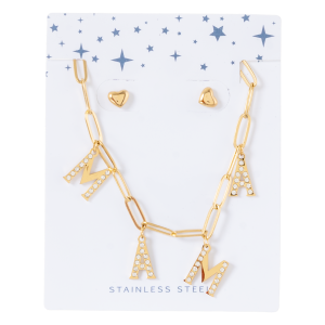 Juego De Bisutería Cadena Y Aretes Acero Inoxidable Diseño Mamá Con Brillo Dorado TECNO STEEL 3 Piezas