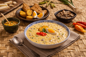 Mesa familiar preparada para fanesca con utensilios, decoración e ingredientes disponibles en Dollar Store por menos de $5.